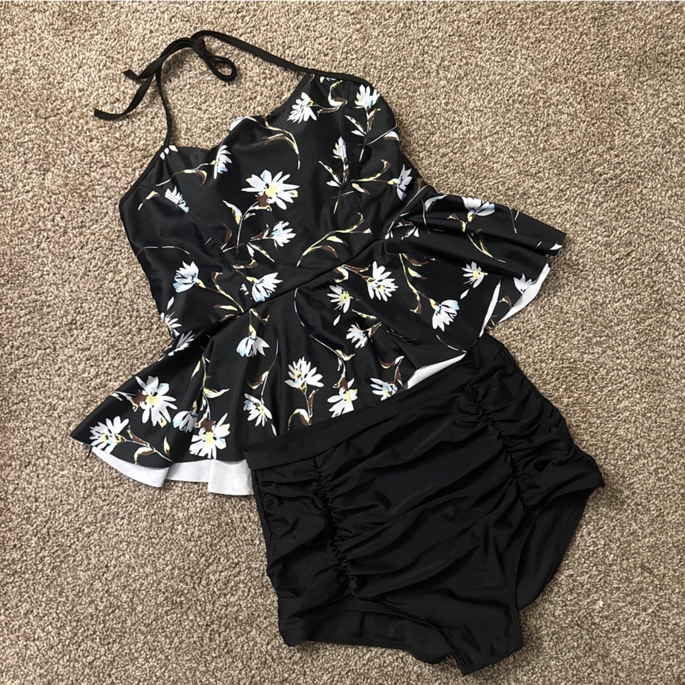 Black Floral Peplum TankiniTwo-Piece Swimsuit- Size Large
